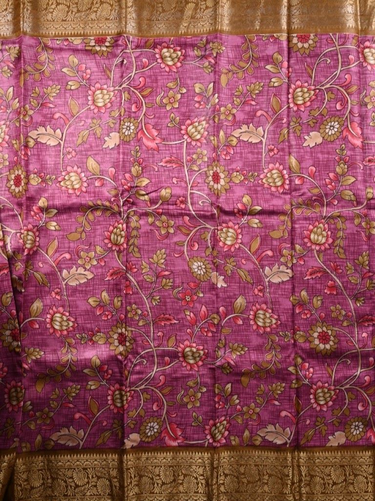 Dola silk fancy saree dark pink color allover digital prints & zari border with stripes pallu and printed blouse