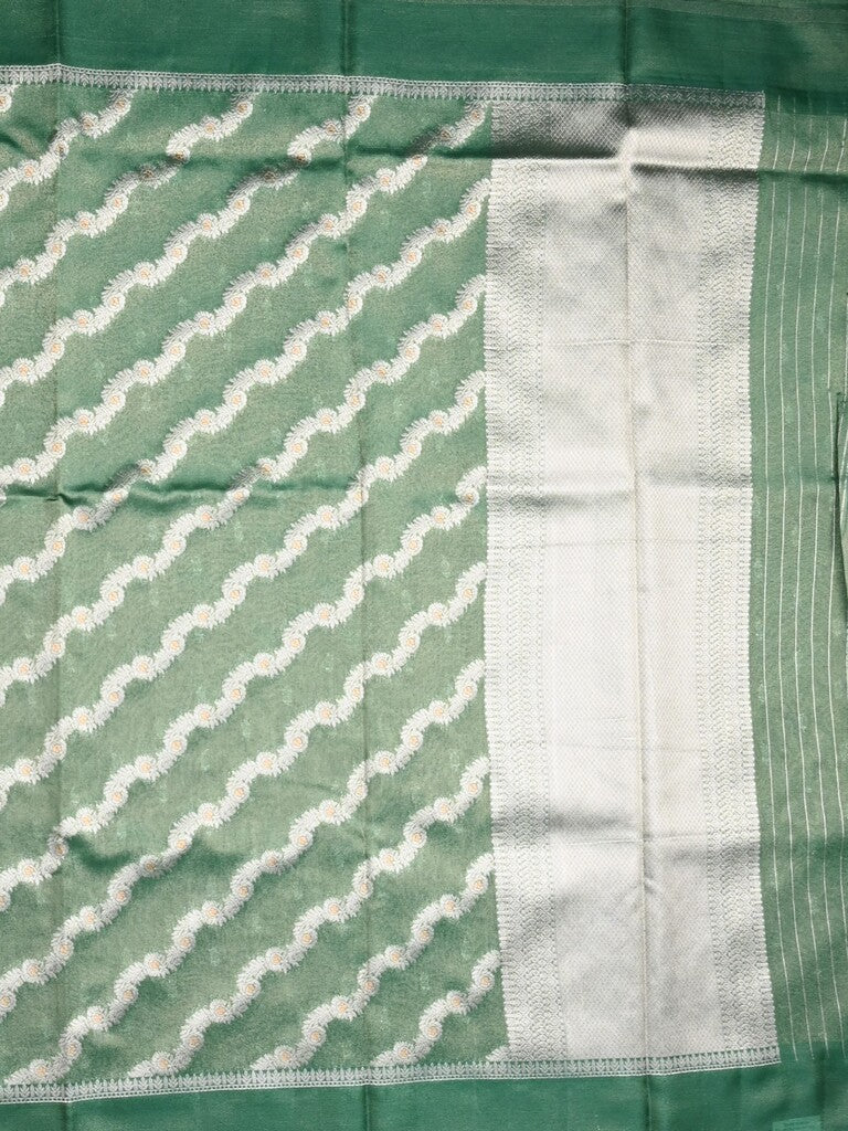 Organza tissue fancy saree light green color allover stripes & small kaddi border with short pallu and attached blouse
