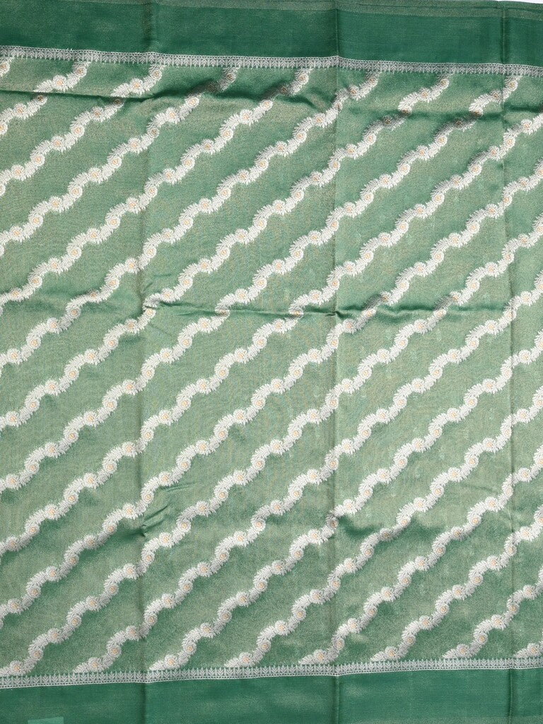 Organza tissue fancy saree light green color allover stripes & small kaddi border with short pallu and attached blouse