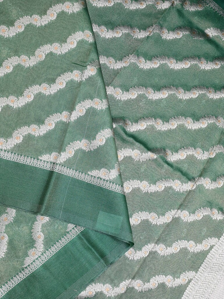 Organza tissue fancy saree light green color allover stripes & small kaddi border with short pallu and attached blouse