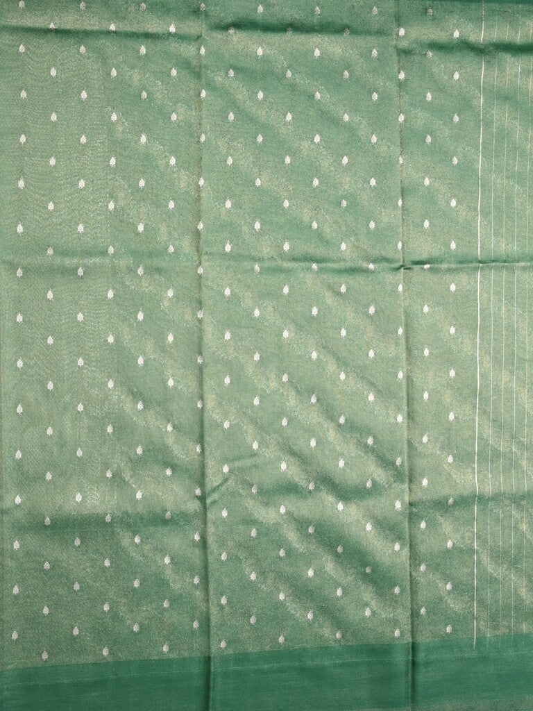 Organza tissue fancy saree light green color allover stripes & small kaddi border with short pallu and attached blouse