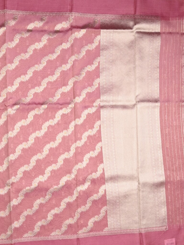 Organza tissue fancy saree light pink color allover stripes & small kaddi border with short pallu and attached blouse