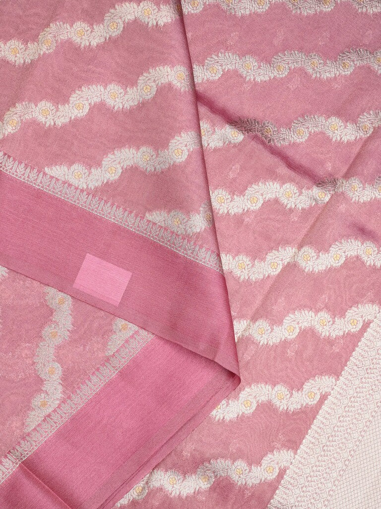 Organza tissue fancy saree light pink color allover stripes & small kaddi border with short pallu and attached blouse