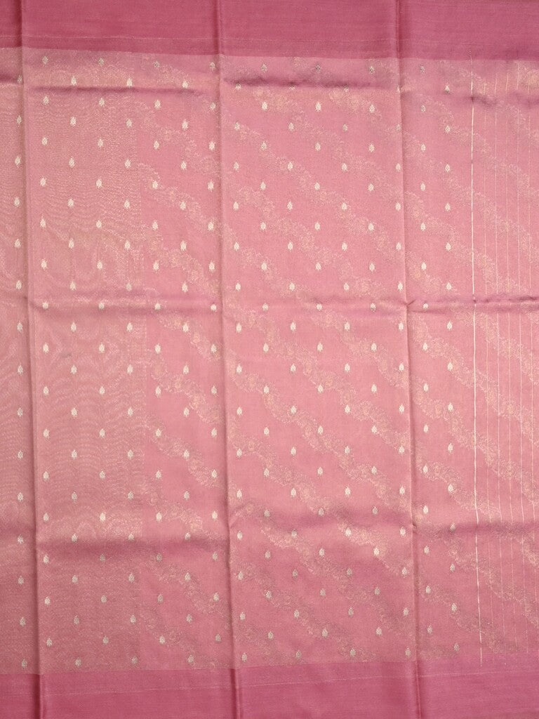Organza tissue fancy saree light pink color allover stripes & small kaddi border with short pallu and attached blouse