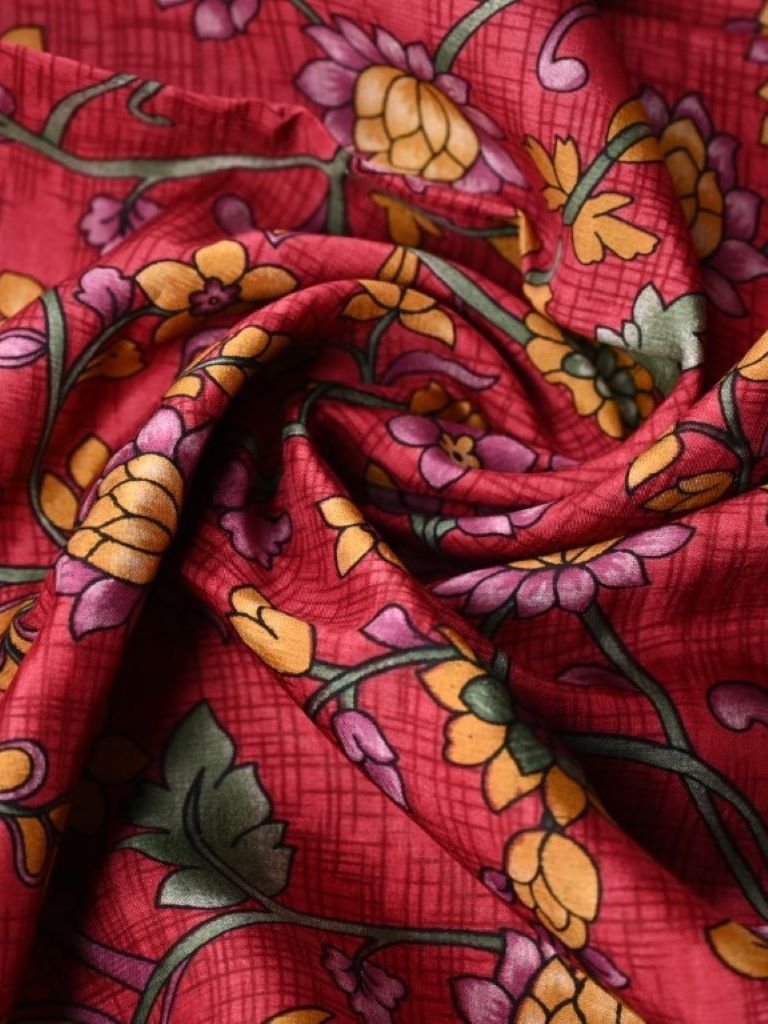 Dola silk fancy saree red color allover digital prints & zari border with stripes pallu and printed blouse