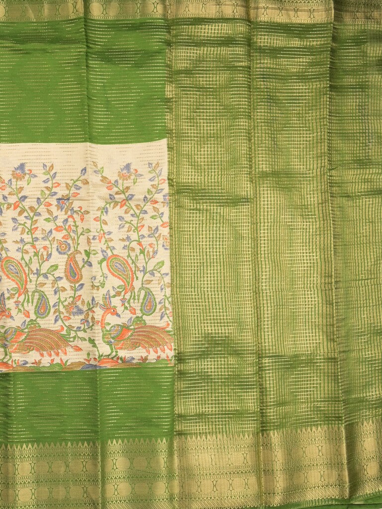 Dola silk fancy saree cream and green color allover prints & zari border with contrast pallu and attached blouse