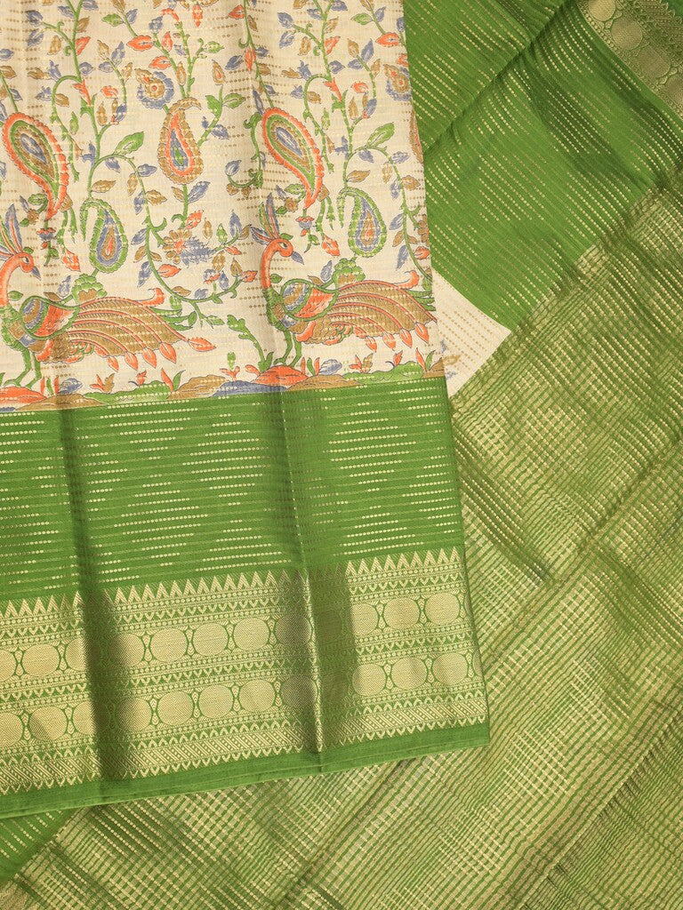Dola silk fancy saree cream and green color allover prints & zari border with contrast pallu and attached blouse