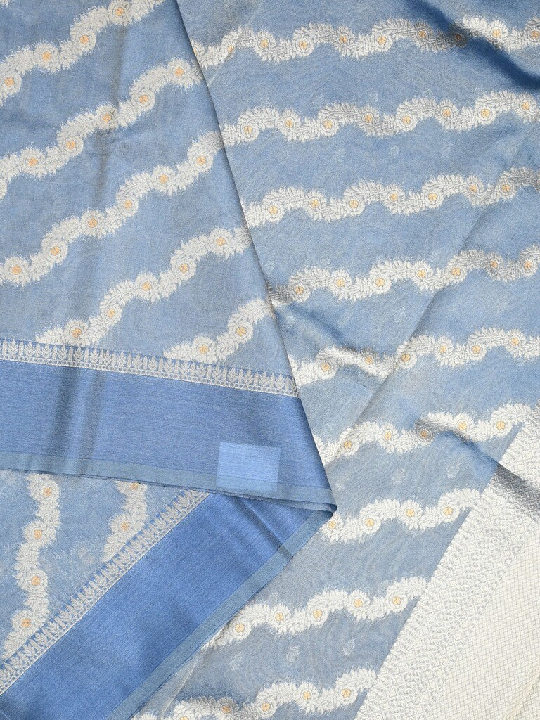 Organza tissue fancy saree light blue color allover stripes & small kaddi border with short pallu and attached blouse