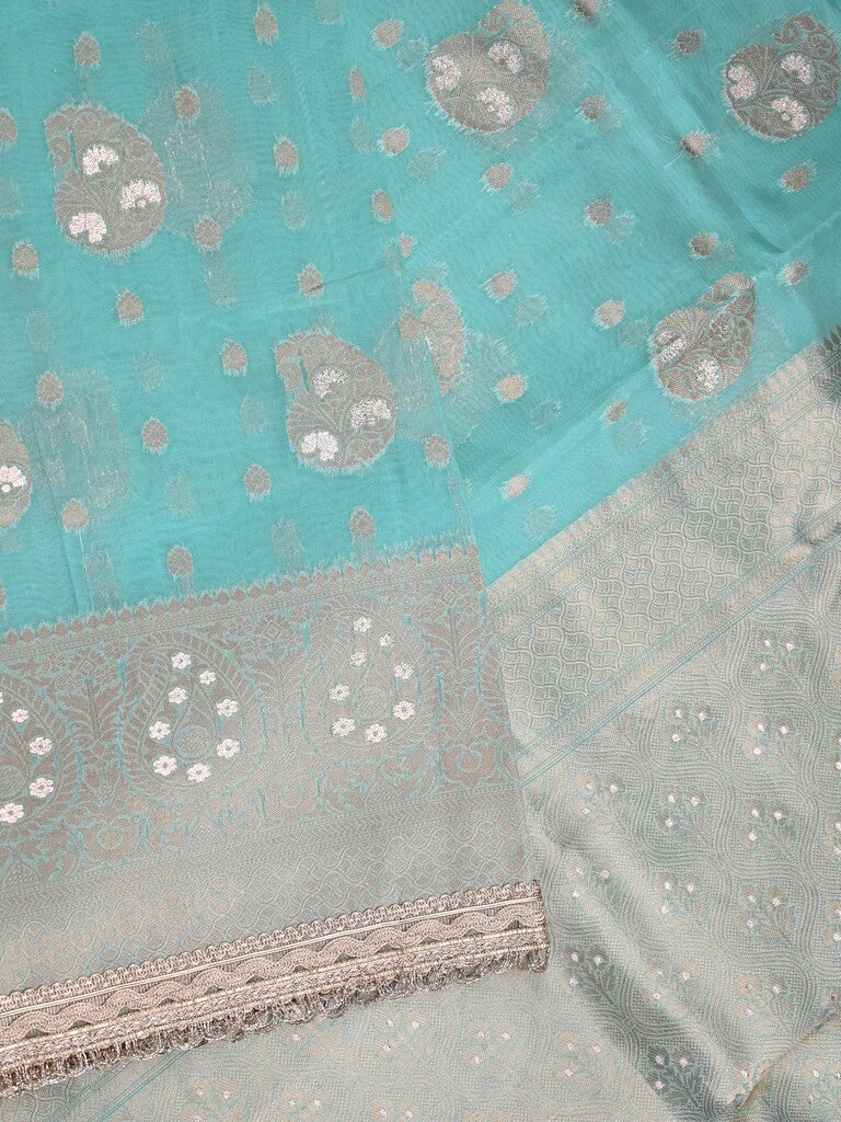 Chanderi kora fancy saree light blue color allover zari motifs & zari embroidery border with zari pallu and plain blouse