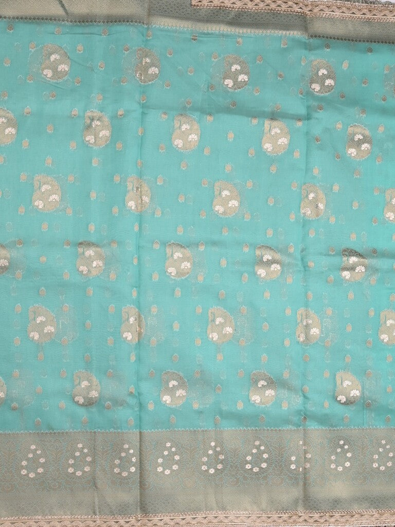 Chanderi kora fancy saree light blue color allover zari motifs & zari embroidery border with zari pallu and plain blouse