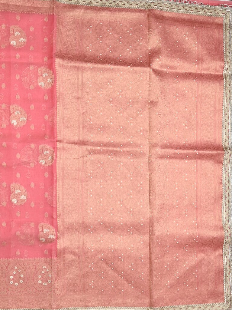 Chanderi kora fancy saree light pink color allover zari motifs & zari embroidery border with zari pallu and plain blouse