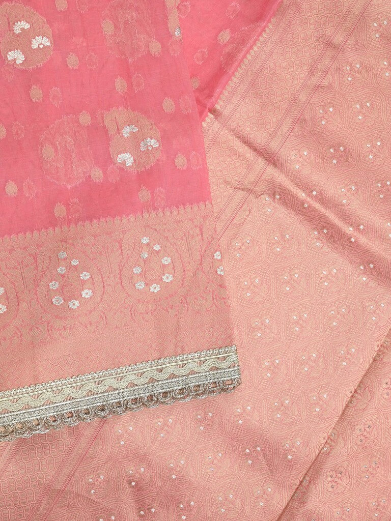 Chanderi kora fancy saree light pink color allover zari motifs & zari embroidery border with zari pallu and plain blouse