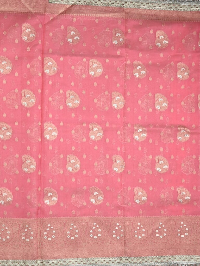 Chanderi kora fancy saree light pink color allover zari motifs & zari embroidery border with zari pallu and plain blouse