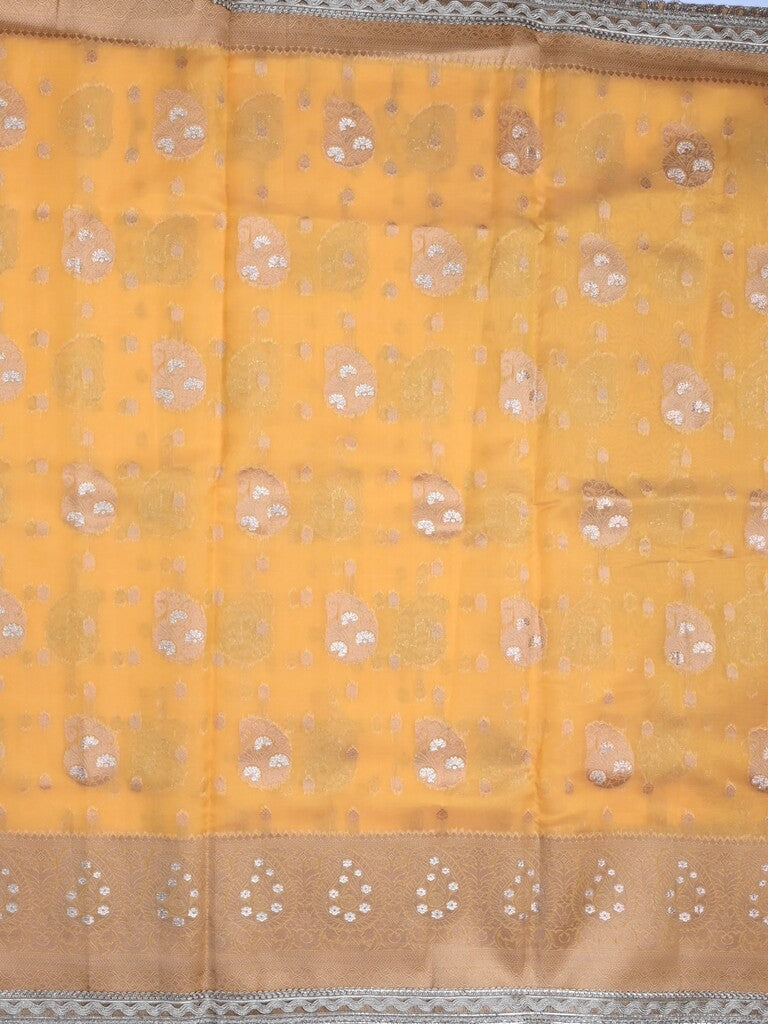 Chanderi kora fancy saree golden yellow color allover zari motifs & zari embroidery border with zari pallu and plain blouse