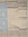 Chanderi kora fancy saree bluish grey color allover zari motifs & zari embroidery border with zari pallu and plain blouse