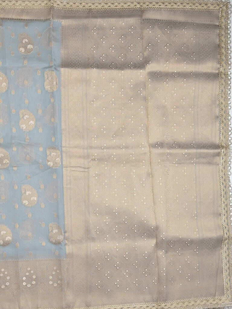 Chanderi kora fancy saree bluish grey color allover zari motifs & zari embroidery border with zari pallu and plain blouse