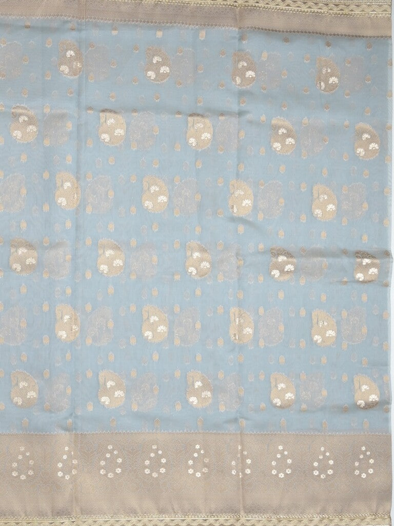 Chanderi kora fancy saree bluish grey color allover zari motifs & zari embroidery border with zari pallu and plain blouse