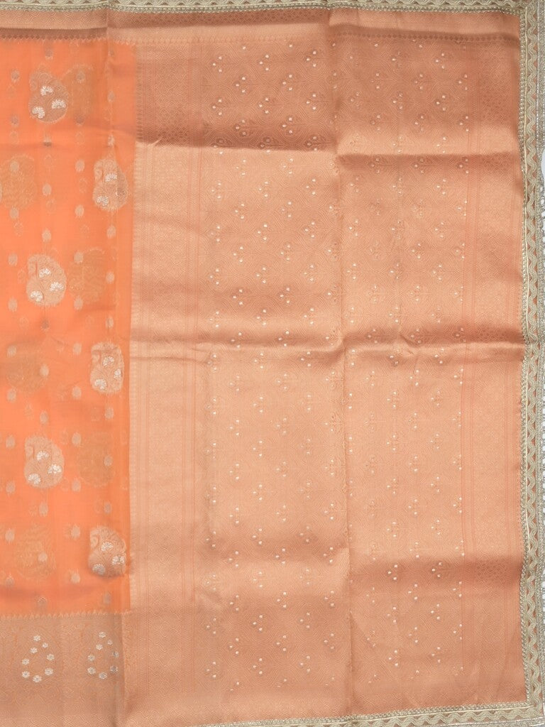 Chanderi kora fancy saree light orange color allover zari motifs & zari embroidery border with zari pallu and plain blouse