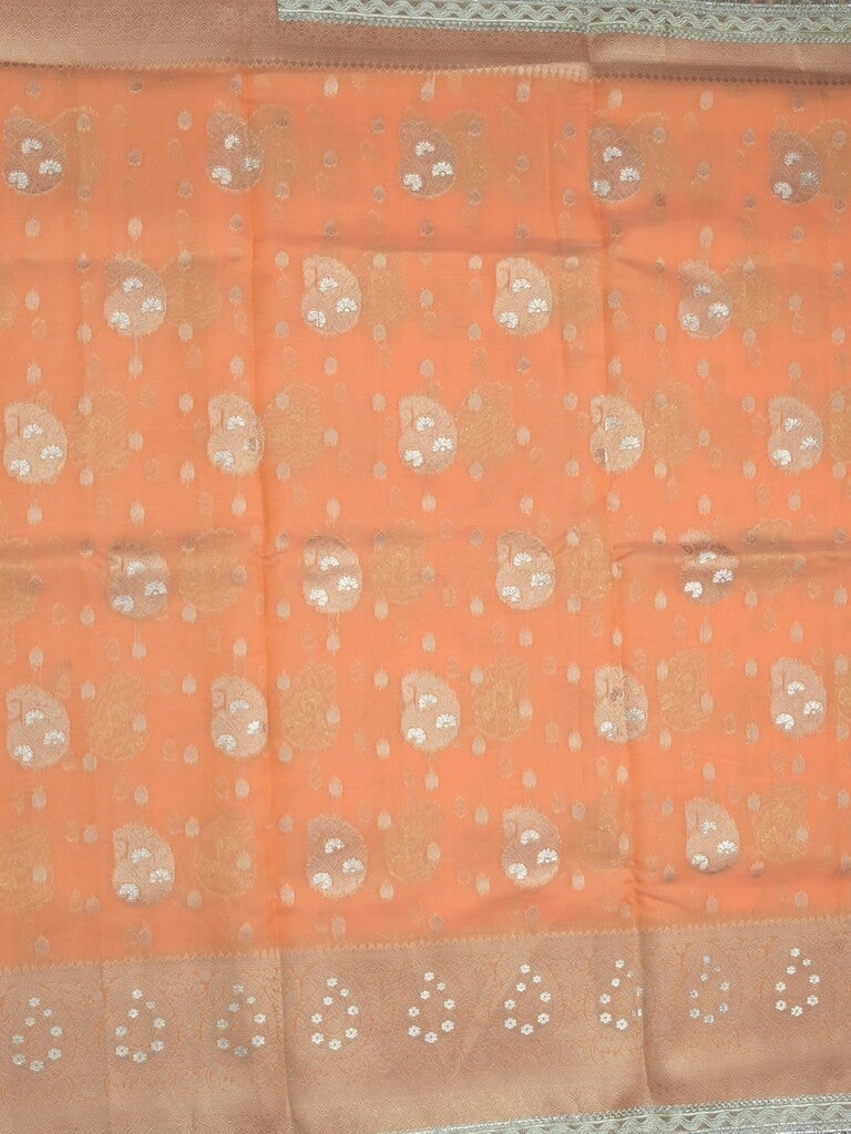 Chanderi kora fancy saree light orange color allover zari motifs & zari embroidery border with zari pallu and plain blouse