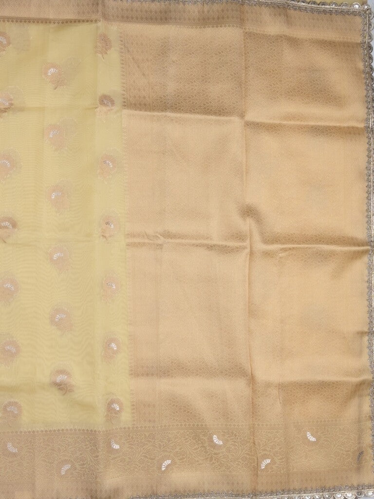 Chanderi kora fancy saree pastel yellow color allover zari motifs & zari embroidery border with zari pallu and plain blouse
