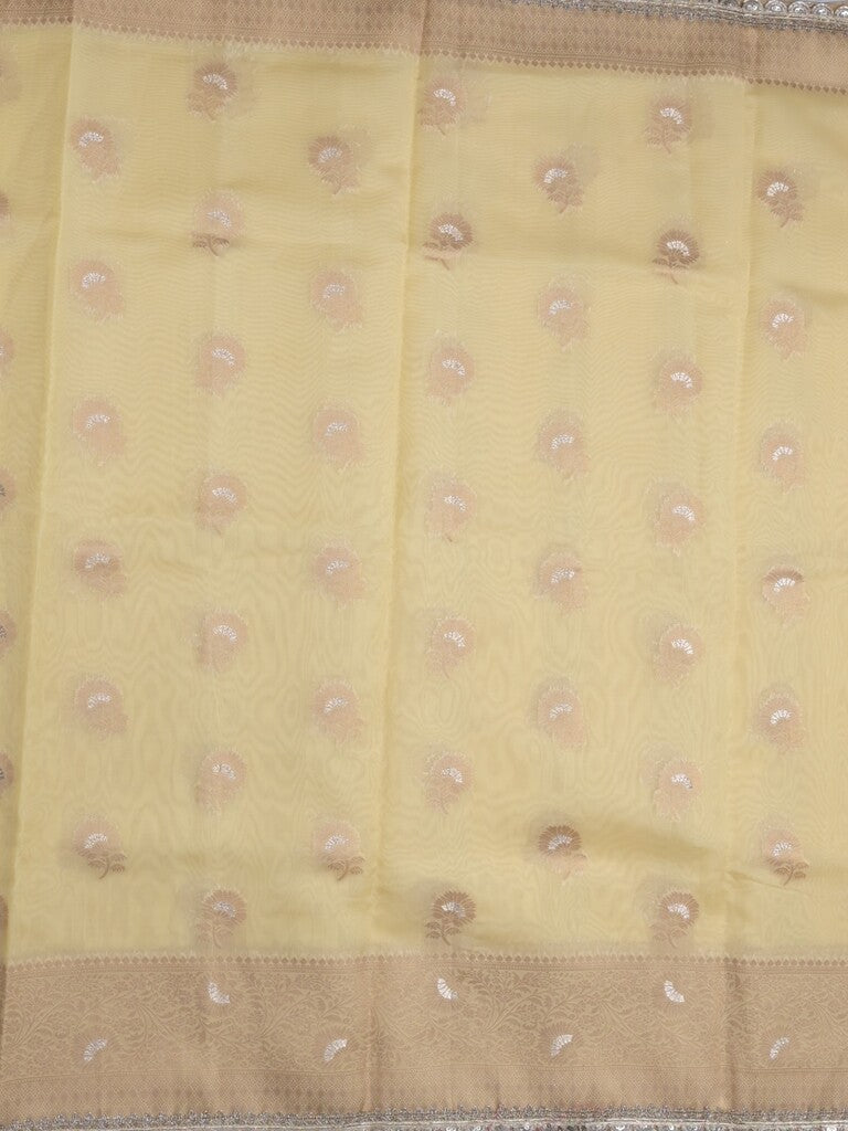 Chanderi kora fancy saree pastel yellow color allover zari motifs & zari embroidery border with zari pallu and plain blouse