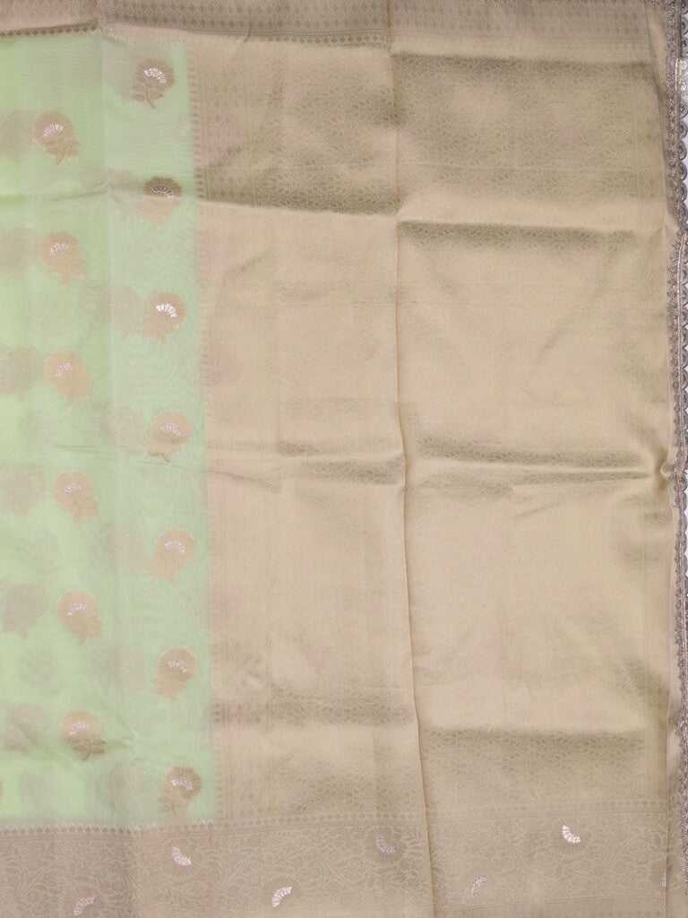 Chanderi kora fancy saree light pista green color allover zari motifs & zari embroidery border with zari pallu and plain blouse