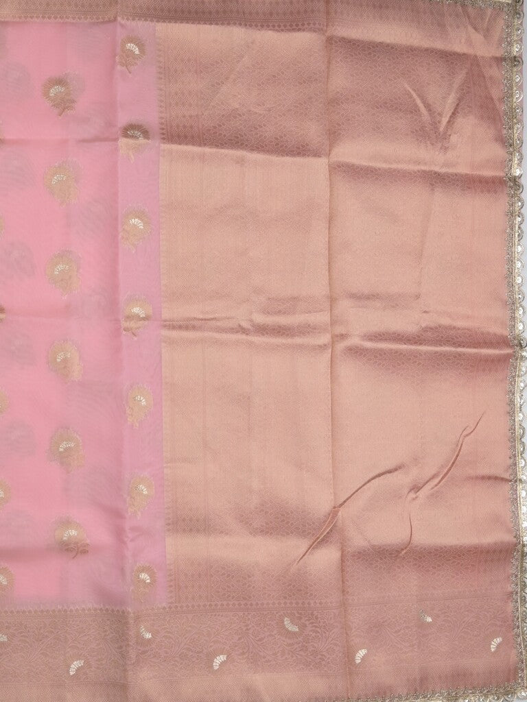 Chanderi kora fancy saree baby pink color allover zari motifs & zari embroidery border with zari pallu and plain blouse