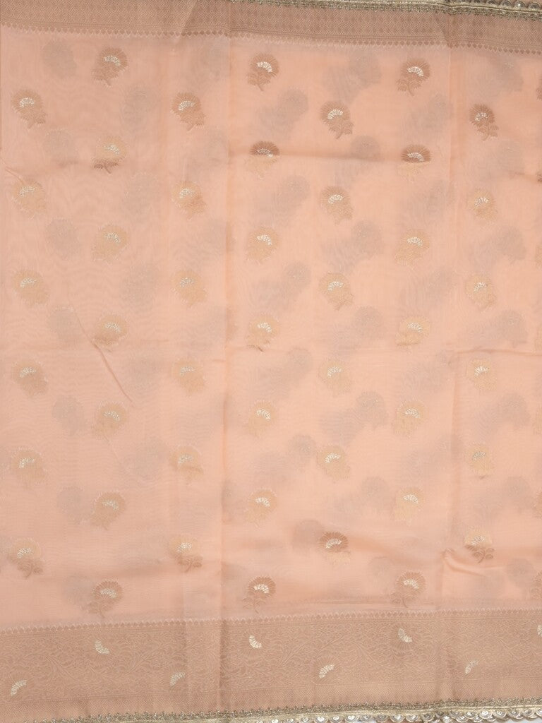 Chanderi kora fancy saree light peach color allover zari motifs & zari embroidery border with zari pallu and plain blouse