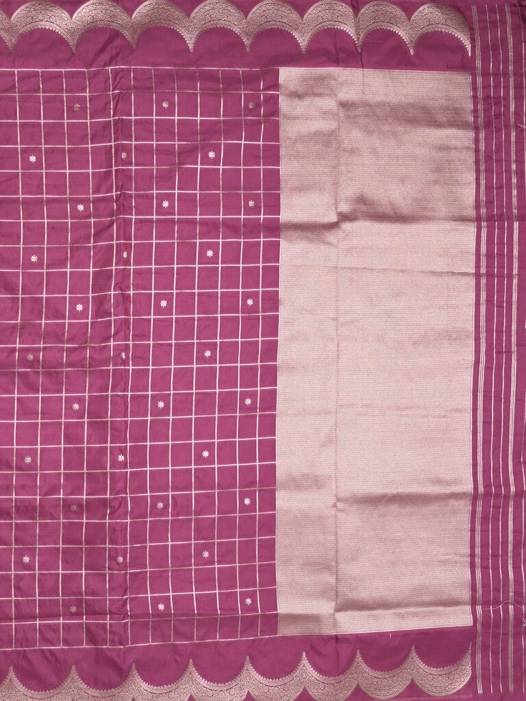 Banaras fancy saree magenta color allover checks & zari border with short pallu and attached blouse