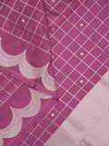 Banaras fancy saree magenta color allover checks & zari border with short pallu and attached blouse
