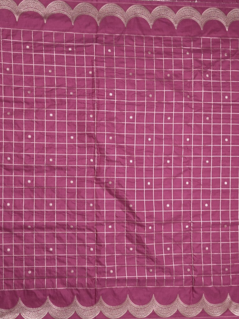 Banaras fancy saree magenta color allover checks & zari border with short pallu and attached blouse