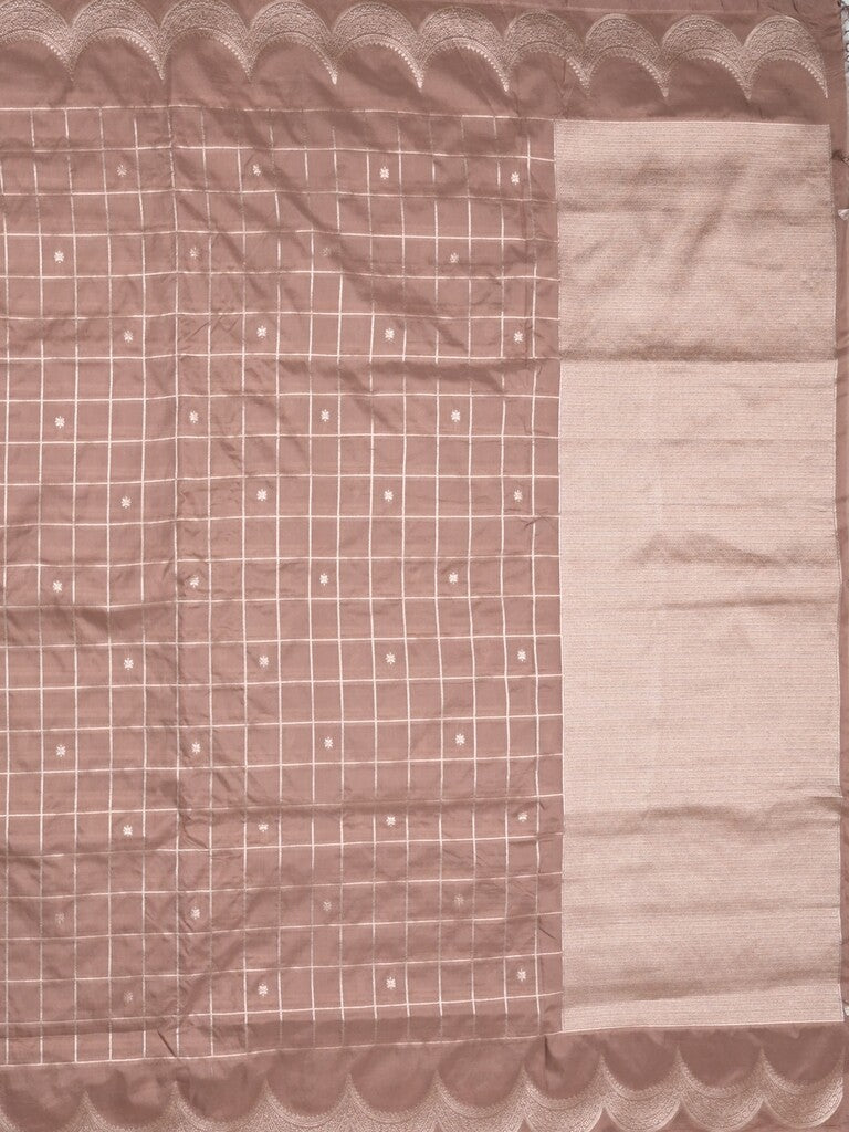 Banaras fancy saree peach color allover checks & zari border with short pallu and attached blouse