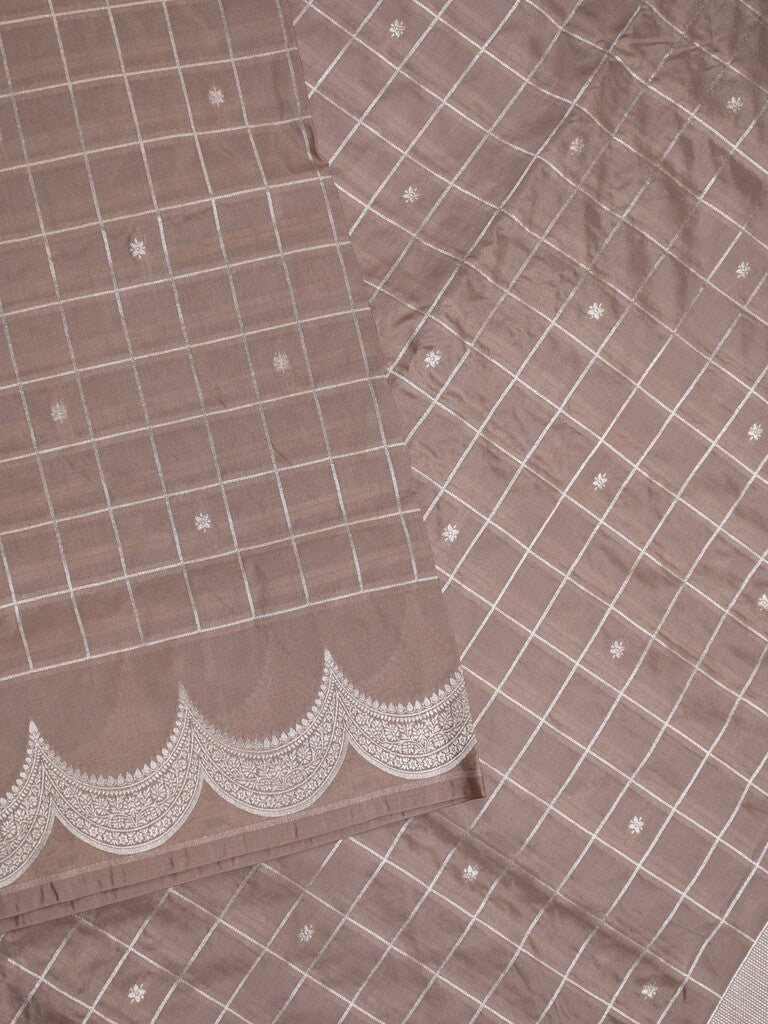 Banaras fancy saree peach color allover checks & zari border with short pallu and attached blouse