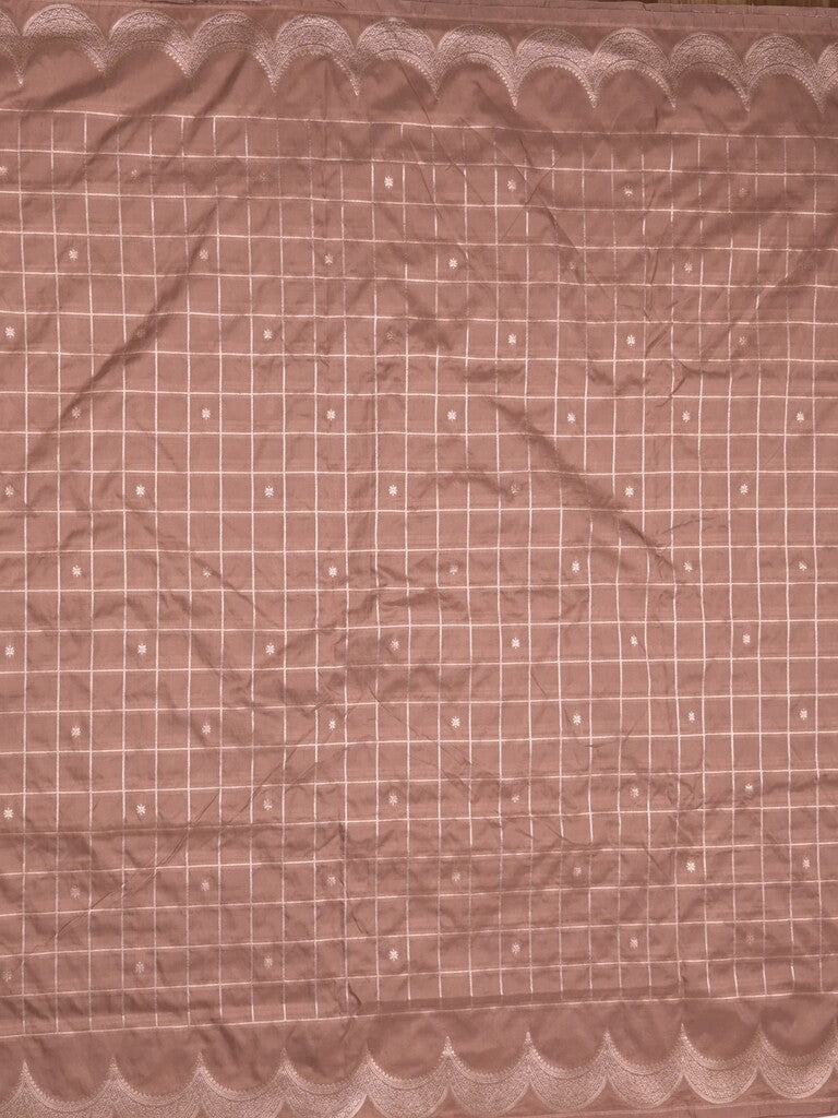 Banaras fancy saree peach color allover checks & zari border with short pallu and attached blouse