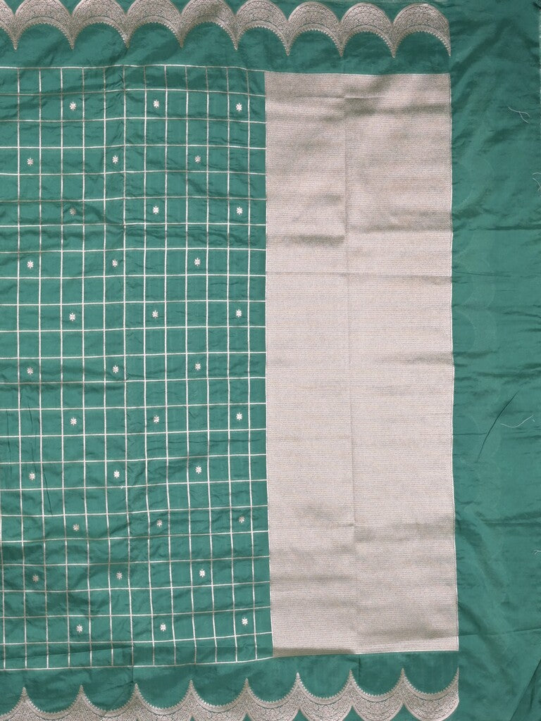 Banaras fancy saree peacock blue color allover checks & zari border with short pallu and attached blouse