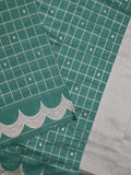 Banaras fancy saree peacock blue color allover checks & zari border with short pallu and attached blouse