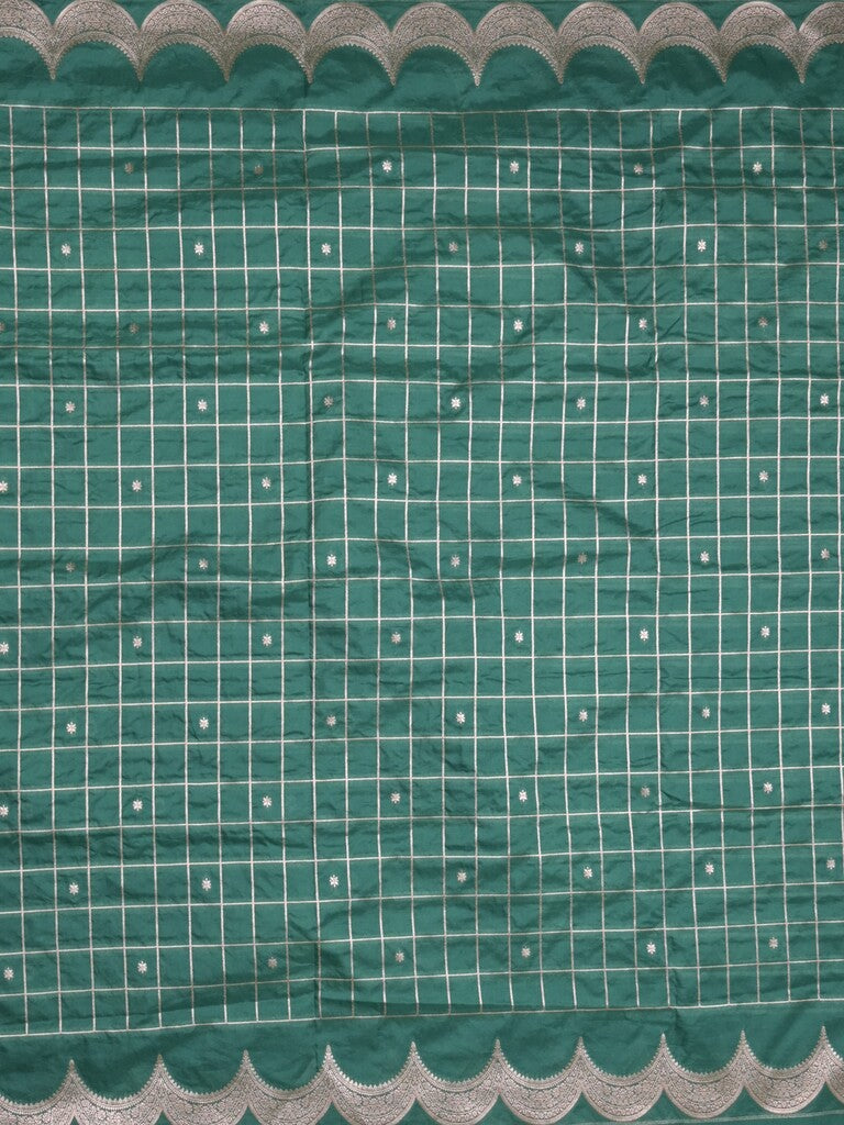 Banaras fancy saree peacock blue color allover checks & zari border with short pallu and attached blouse