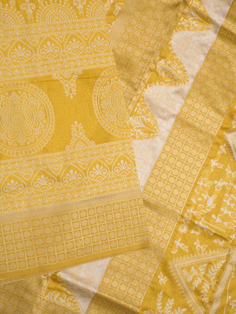 Dupion fancy saree golden yellow color allover prints & zari border with rich pallu and attached plain blouse