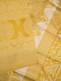 Dupion fancy saree golden yellow color allover prints & zari border with rich pallu and attached plain blouse