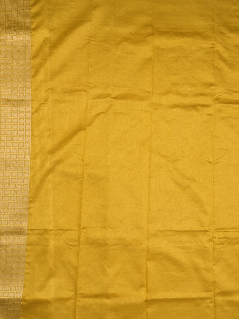 Dupion fancy saree golden yellow color allover prints & zari border with rich pallu and attached plain blouse