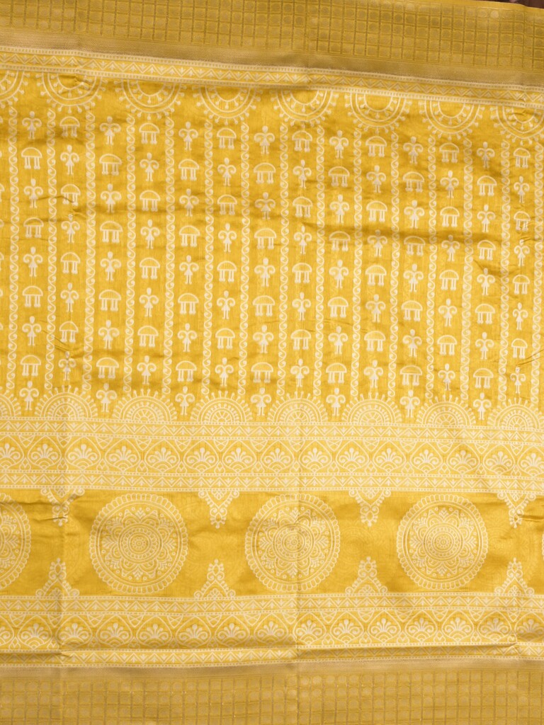 Dupion fancy saree golden yellow color allover prints & zari border with rich pallu and attached plain blouse