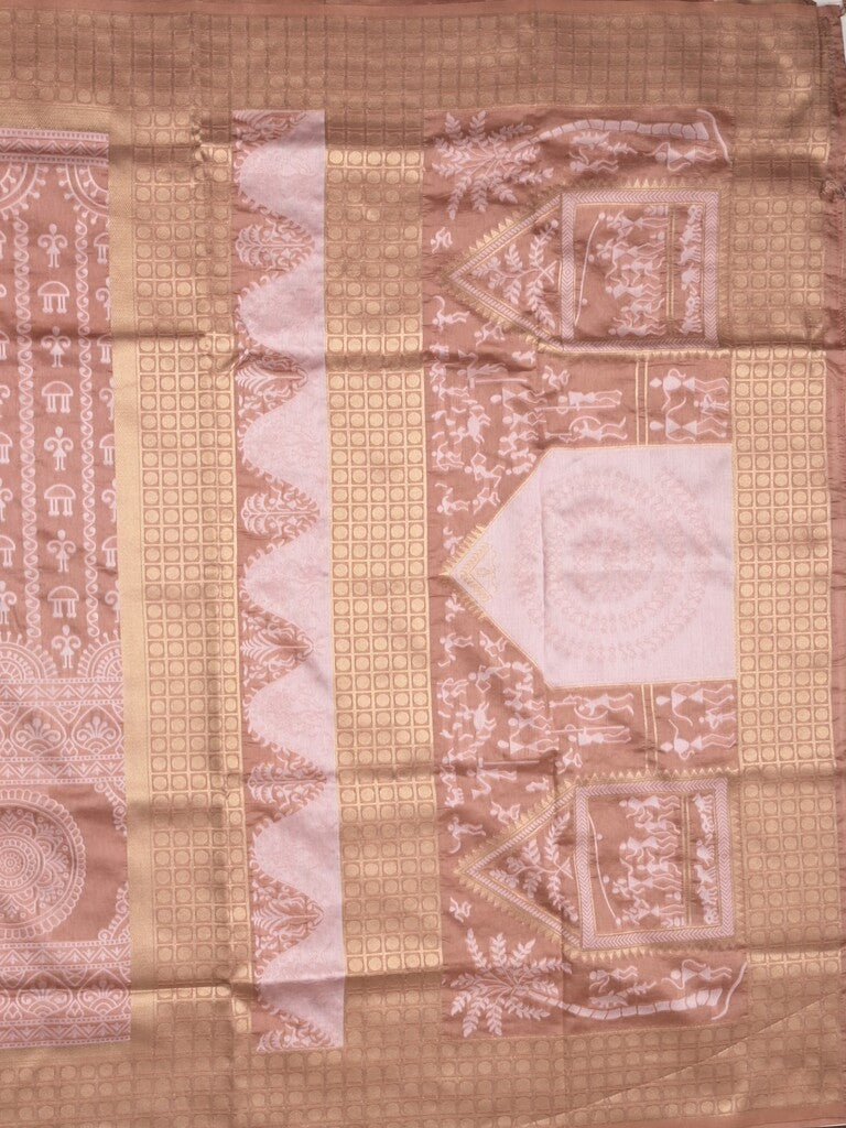 Dupion fancy saree peach color allover prints & zari border with rich pallu and attached plain blouse