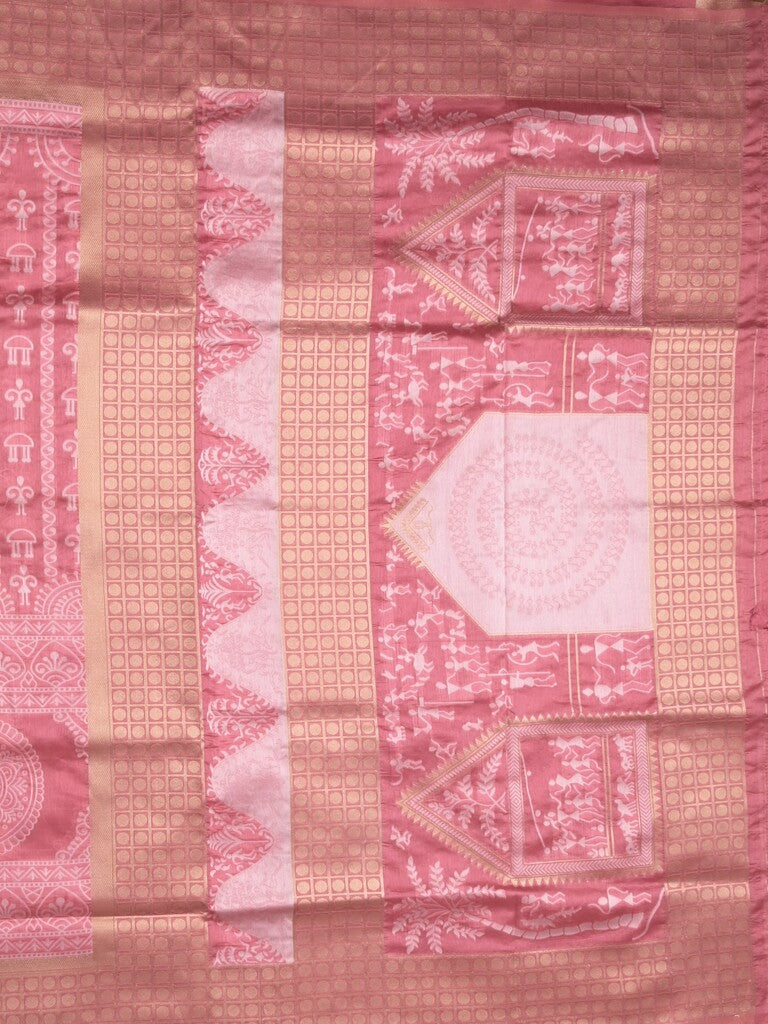 Dupion fancy saree light pink color allover prints & zari border with rich pallu and attached plain blouse