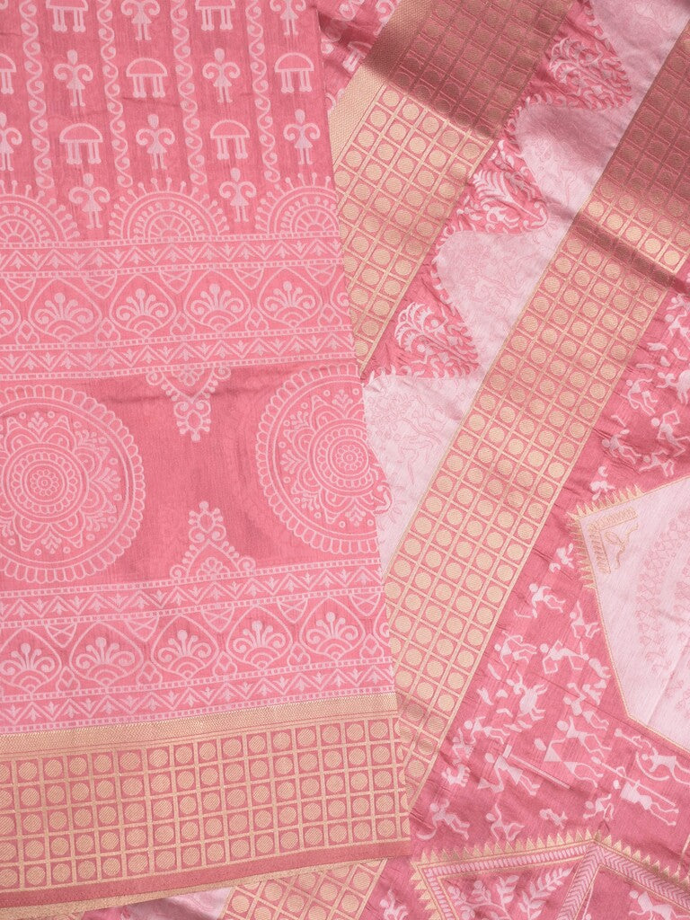 Dupion fancy saree light pink color allover prints & zari border with rich pallu and attached plain blouse