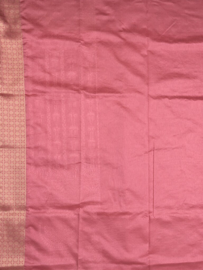 Dupion fancy saree light pink color allover prints & zari border with rich pallu and attached plain blouse