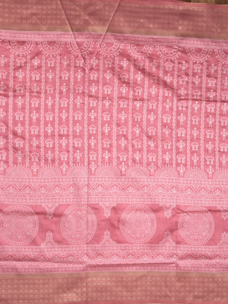 Dupion fancy saree light pink color allover prints & zari border with rich pallu and attached plain blouse