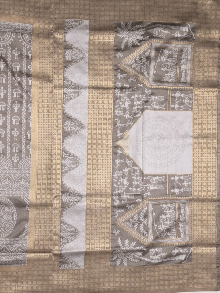 Dupion fancy saree grey color allover prints & zari border with rich pallu and attached plain blouse