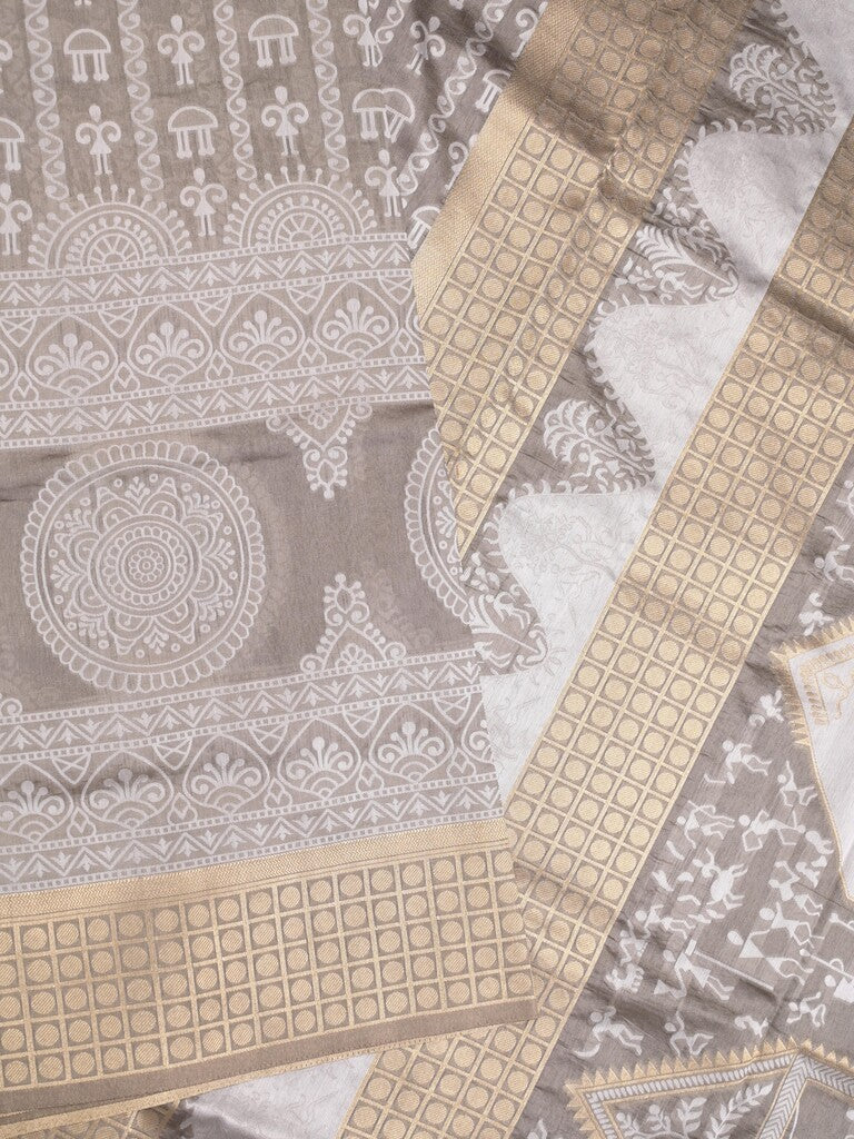 Dupion fancy saree grey color allover prints & zari border with rich pallu and attached plain blouse