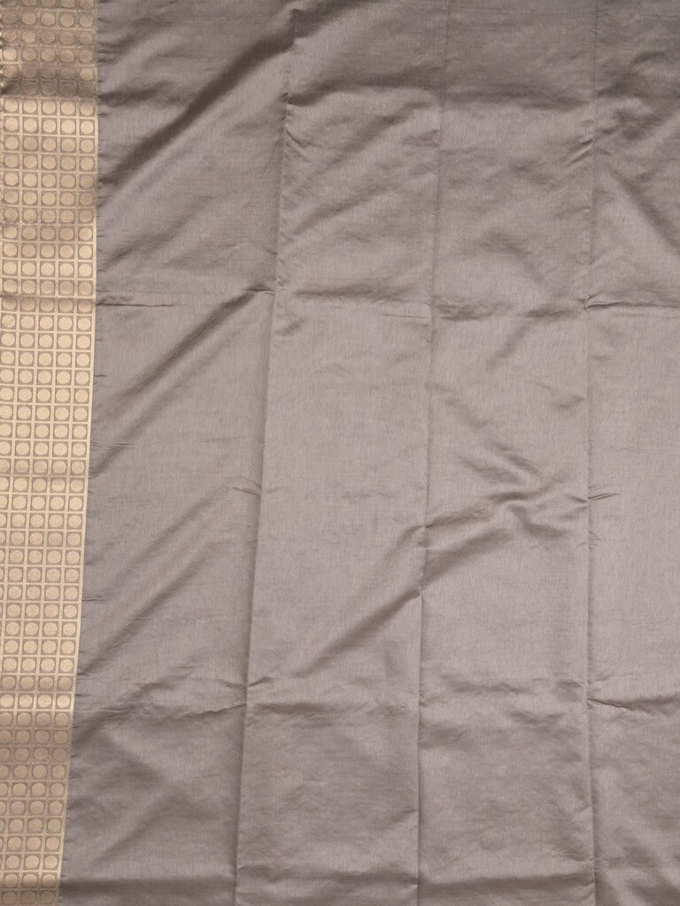 Dupion fancy saree grey color allover prints & zari border with rich pallu and attached plain blouse