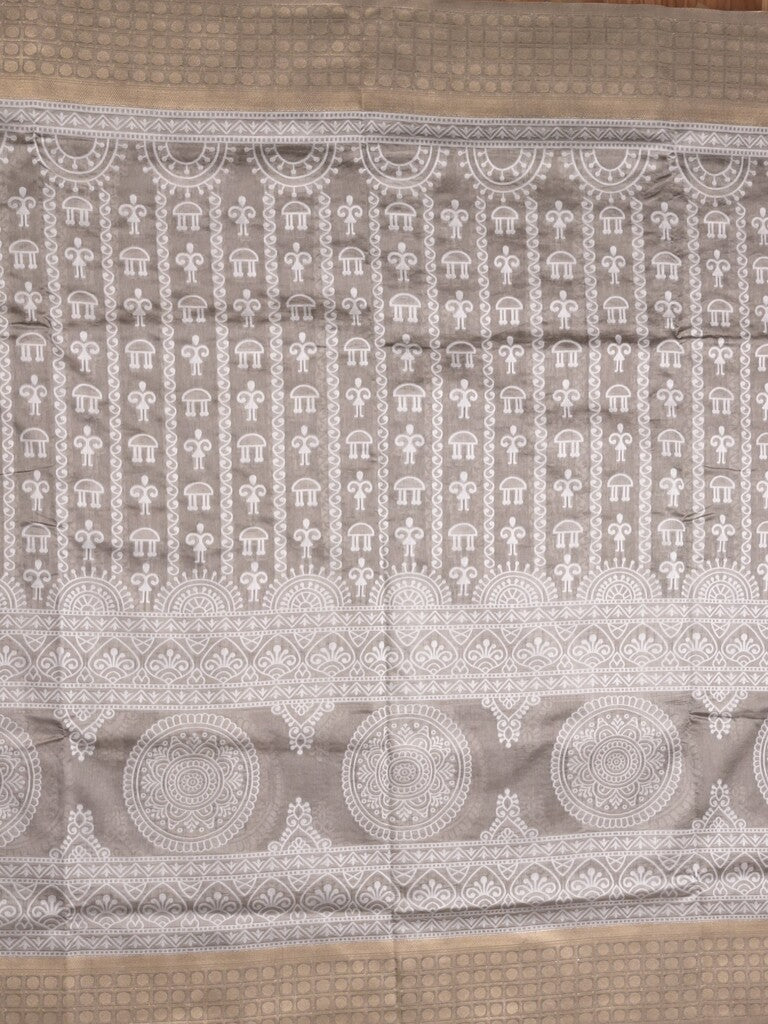 Dupion fancy saree grey color allover prints & zari border with rich pallu and attached plain blouse